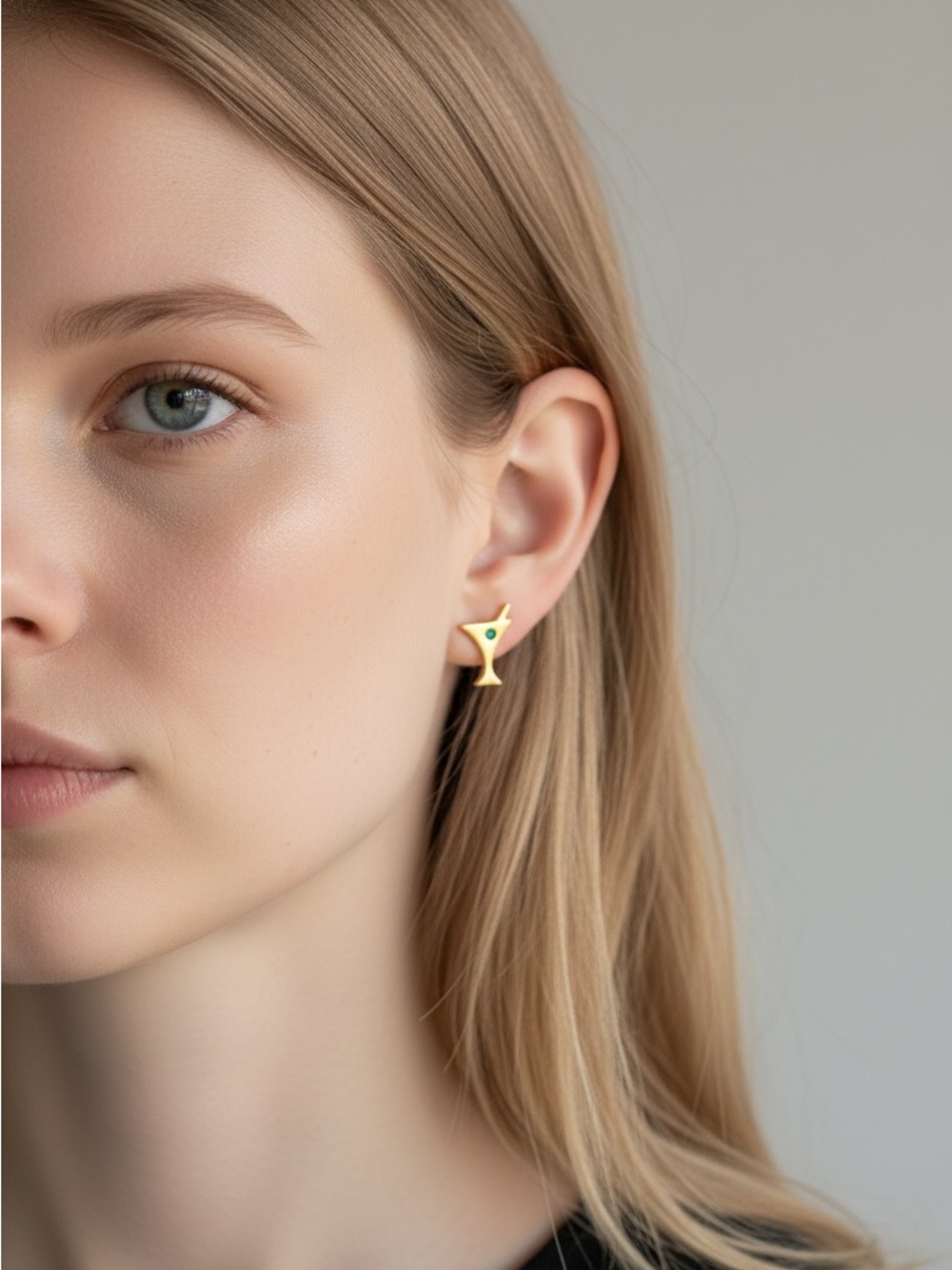 10/16 Gold Martini Glass Stud Earrings with Green Stone - Women Jewelry
